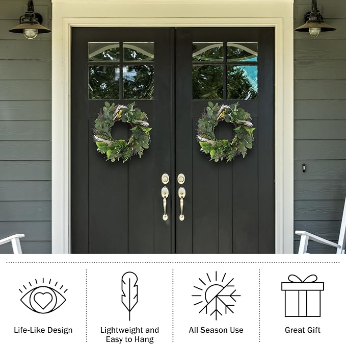 Sweet Anne Eucalyptus Wreath Set - Two 22-Inch Artificial Spring, Summer, or Fall Wreaths for Home Decor - Indoor Decor by Pure Garden