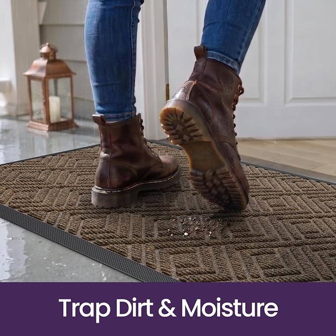 DEXI Front Door Mat Outside Entrance, 32x48 Heavy Duty Entry Doormat Dirt Trapper with Rubber Back, Non Slip Low Profile Floor Mats for Entryway Exterior Patio, Checkered Brown