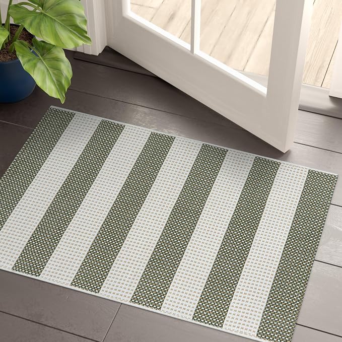 LEEVAN Door Mat Outdoor Entrance 2x3, Washable Striped Front Porch Rug, Green White and Tan Buffalo Welcome Mat, Spring Outside Entryway Rugs, Cotton Woven Indoor Outdoor Layered Doormats