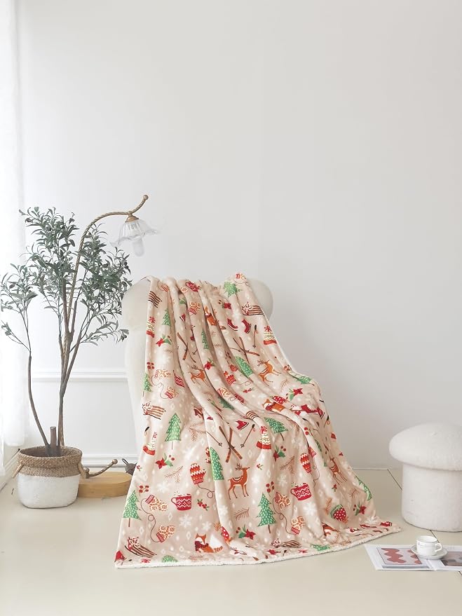 Elegant Comfort Reversible and Ultra-Plush Flannel Fleece-Winter Christmas Sherpa Throw- Lightweight Soft and Cozy-Holiday Decorative Throw, Perfect for Lounging, 50 x 60 inches, Skate and Deers