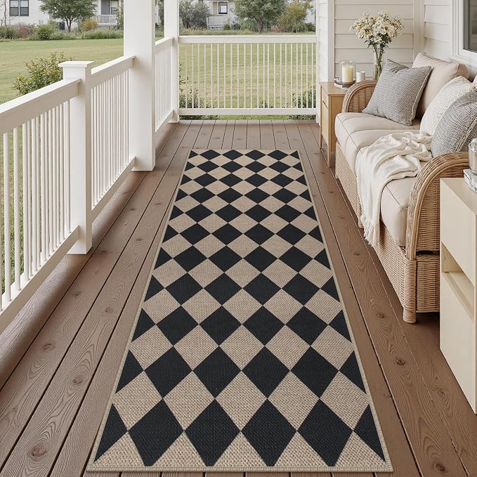 Rugalia Easy Jute Checkered Runner Rug, 2.6x8 Black Modern Washable Rugs Runner for Hallway Non-Slip Kitchen Runner Rug, Geometric Diamond Indoor Outdoor Carpet for Porch Laundry Entryway