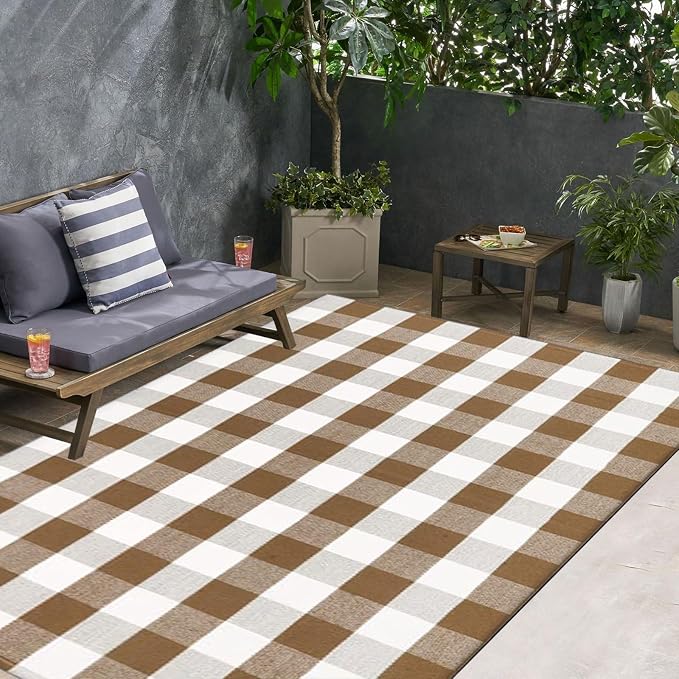Buffalo Plaid Outdoor Rugs, 4' x 6' Brown and White Checkered Indoor/Outdoor Area Rug, Layering Rug for Hello/Welcome Door Mat, Washable Cotton Woven Farmhouse Mat for Fall Front Porch Décor