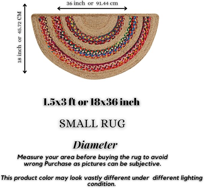 Boho Braided 1.5x3 Area Rug - Jute Chindi Half Circle Rug for Living Room Entryway, Farmhouse, Home Décor, Indoor Rugs Jute Door mat for Bathroom, Kitchen (Multi-Natural, 1.5 X 3 ft)