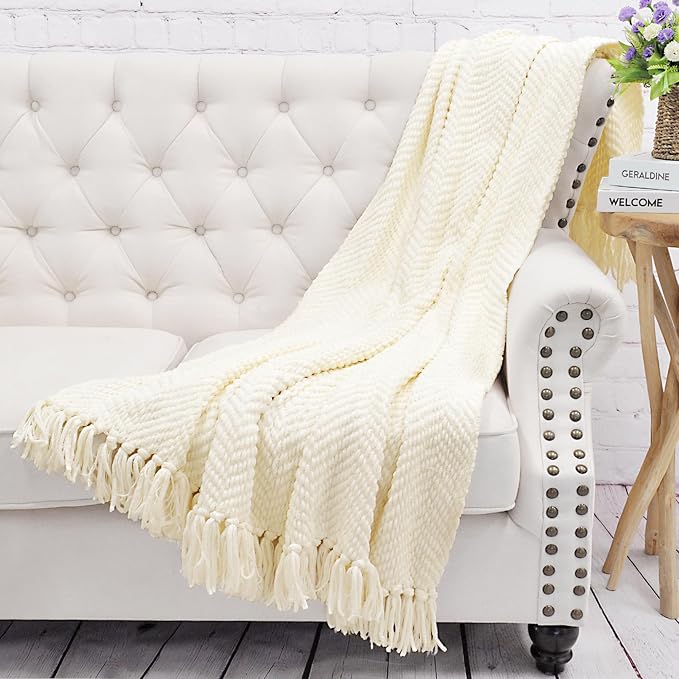Home Soft Things White Throw Blanket Knitted Tweed Throw 50'' x 60'', Antique White, Super Soft Cozy Warm Comfortable Breathable Throw for Living Room Chair Couch Bed Sofa Bedroom Home Décor