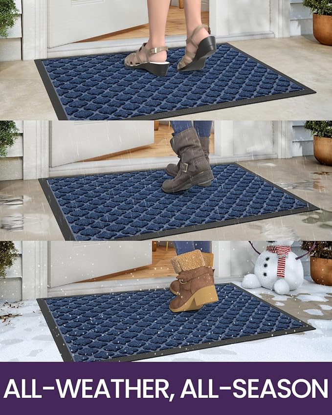 DEXI Front Door Mat Outside Entrance, 27.5x59 Heavy Duty Entry Doormat Dirt Trapper with Rubber Back, Non Slip Low Profile Floor Mats for Entryway Exterior Patio, Floral Blue