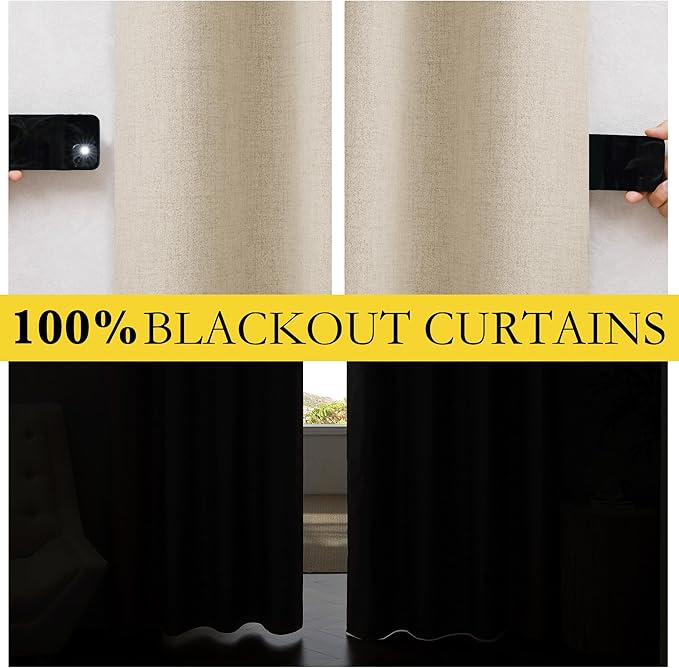 NICETOWN Cream 100% Blackout Linen Curtains 108 inch Long Burg for Living Room, 1 Pair, 62" Width Each Panel, Farmhouse Thick Completely Blackout Window Treatment Thermal Insulated Drapes
