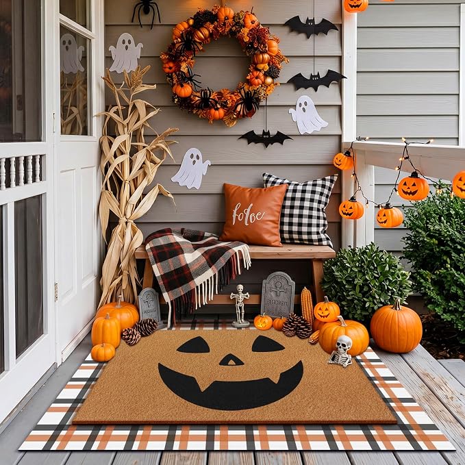 Tinideya 2 Pcs Door Mat Welcome Non Slip Coir Mats Floor Layering Doormats Seasonal for Front Porch Entryway Decor(23.6 x 35.4 Inches,Halloween,Orange, Black)