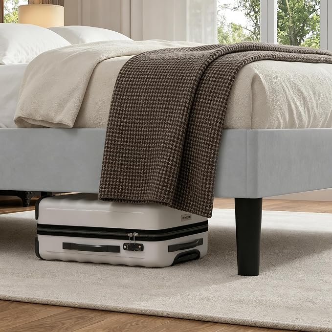 VECELO Full Size Bed Frame with Upholstered Headboard, Velvet Platform Bedframe Mattress Foundation, Strong Wood Slat Support, No Box Spring Needed,Light Grey