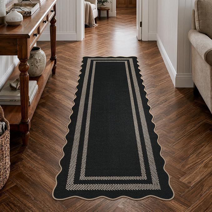 LIVEBOX Scalloped Easy Jute Kitchen Runner Rug, 2x6 Hallway Runner Black Rugs for Entryway, Indoor Outdoor Washable Non Slip Rug Farmhouse Modern Carpet Door Mat for Porch Bedroom Laundry 6ft Entry