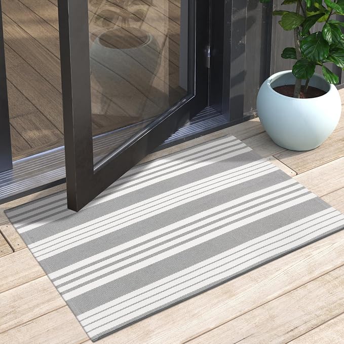 OJIA Front Door Mat Outdoor Doormat 24"x35" Gray White Striped Outdoor Rugs | Washable Front Door Rug Entry Rug Indoor Door Mat Outside Entrance Cotton Woven Small Area Rugs for Porch/Kitchen/Entryway