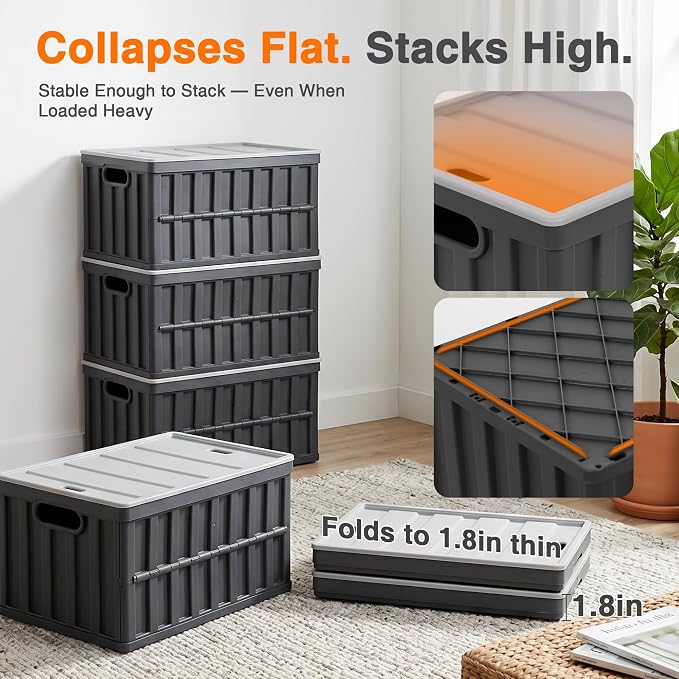 Citylife 64L Collapsible Storage Bins with Lids Plastic Storage Containers for Organizing Stackable Storage Box Large Heavy Duty Utility Crates, 4 Packs