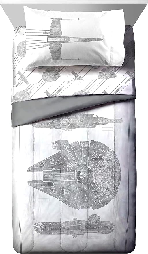 Star Wars Twin Comforter Set 5 Piece Soft Bedding for Boys, White | Millennium Falcon, Comforter Sheets Sham Pillowcase, Official Product, Microfiber, Machine Washable, Easy Care, Boys Gift