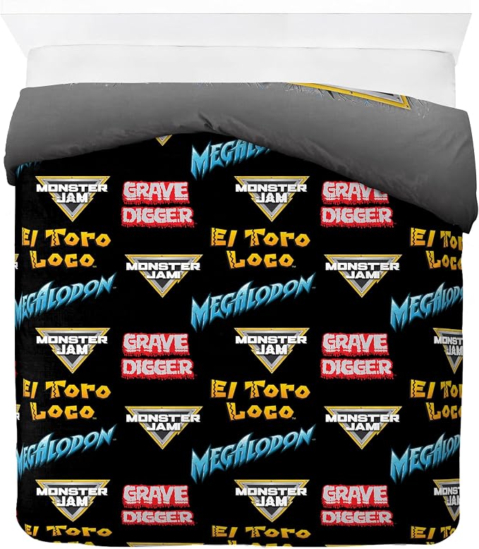 Jay Franco Kids Duvet Cover Set – 3 Piece Super Soft Bedding with Sham Pillowcase, Cover ONLY Comforter Not Included, Grey - Monster Jam, Full
