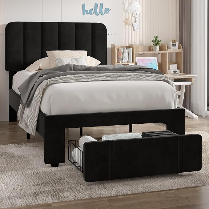 VECELO Twin Size Upholstered Bed Frame with Drawer and Headboard, Velvet Platform Storage Bedframe, Wooden Slats Support, No Box Spring Needed,Black