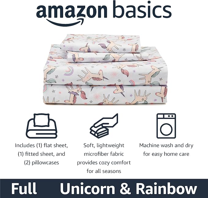 Amazon Basics Microfiber Kids' Sheet Set with Pillowcases, 4-Piece, Full, Unicorn and Rainbow