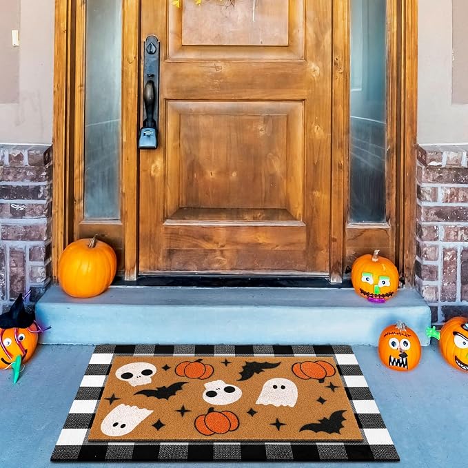 Tinideya 2 Pcs Halloween Door Mat Ghost Skull Pumpkin Bat Welcome Non Slip Coir Mats Fall Floor Layering Doormats for Front Porch Entryway Decor(Cute Ghost)