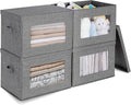 4-Pack Large Storage Bins with Lids & Clear Window, Foldable Fabric Closet Organizer Boxes, Stackable Cube Baskets with Soft Handles for Clothes & Blankets, 17”, Grey