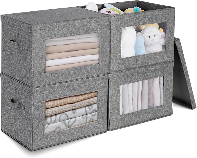 4-Pack Large Storage Bins with Lids & Clear Window, Foldable Fabric Closet Organizer Boxes, Stackable Cube Baskets with Soft Handles for Clothes & Blankets, 17”, Grey