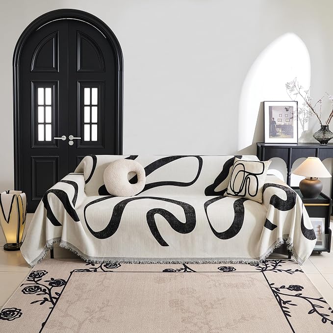MYSKY HOME Couch Cover for 3 Cushion Couch Sofa Cover, Super Soft Boho Couch Covers for Dogs Washable, Jacquard Sofa Slipcover Furniture Protector for Living Room, 91" x 118", Black Curve