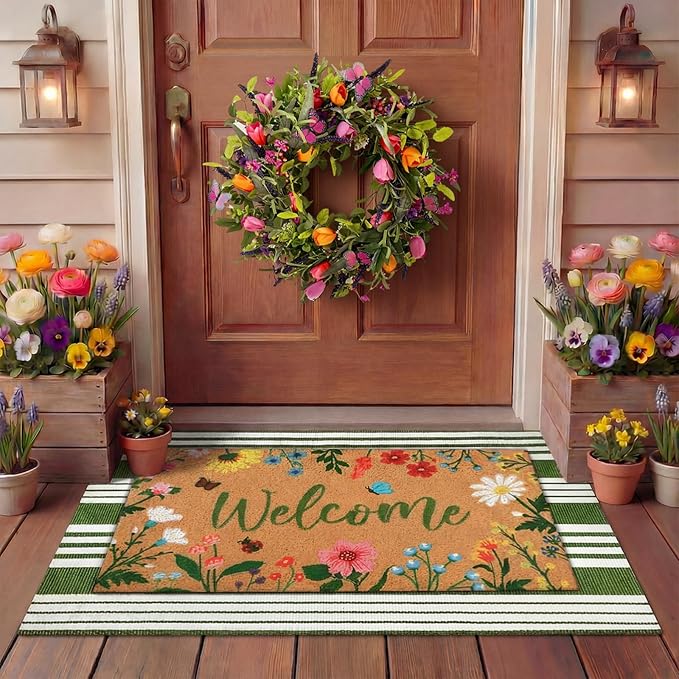 Tinideya 2 Pcs Summer Floral Welcome Door Mat Wildflower Outdoor Layered Doormats for Front Door Non Slip Summer Coir Floor Mat Green White Stripe Rugs for Outside Front Porch Entryway Decor