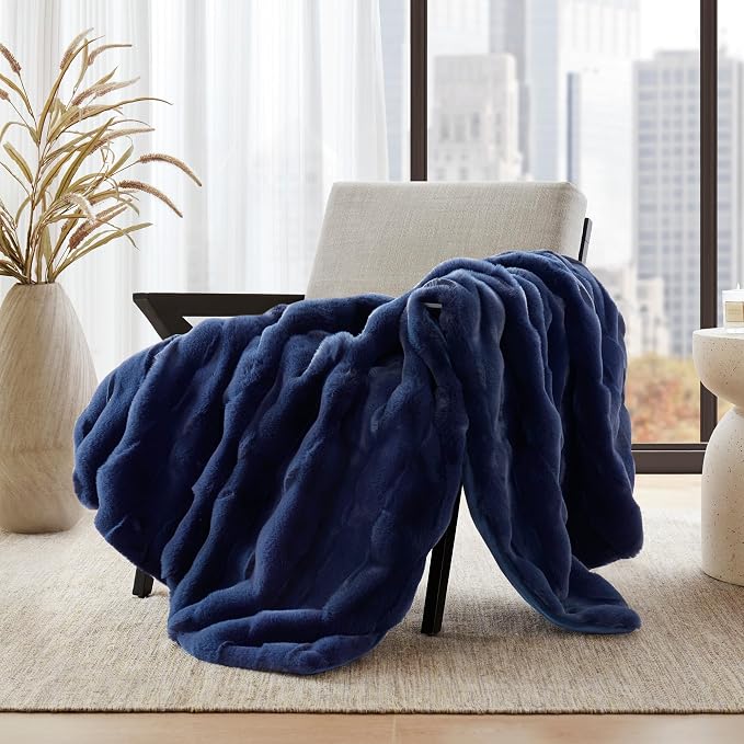 Madison Park Vivienne Faux Fur Throw Blanket Velvet, 50 x 60, Navy | All Season, Cozy Warmth for Sofa or Bed, Reversible, Lightweight, OEKO-TEX Certified