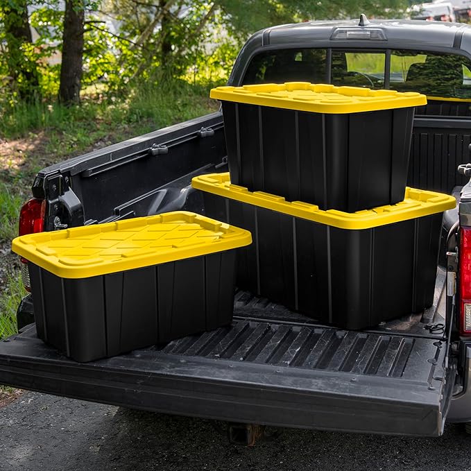 Sterilite 4-Pack Industrial Tote, Plastic Storage Container Bins with Lids, 38 Gallon - Heavy-Duty Organizing Containers for Closet, Bathroom, and Office | Heavy-Duty and Stackable Utility Box Containers for Home, Office, and Basement Organization, Bla...