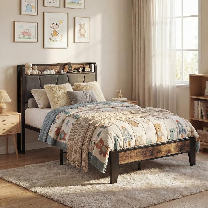 LIKIMIO Twin Bed Frames, Storage Headboard with Charging Station, Solid and Stable, Noise Free, No Box Spring Needed, Easy Assembly