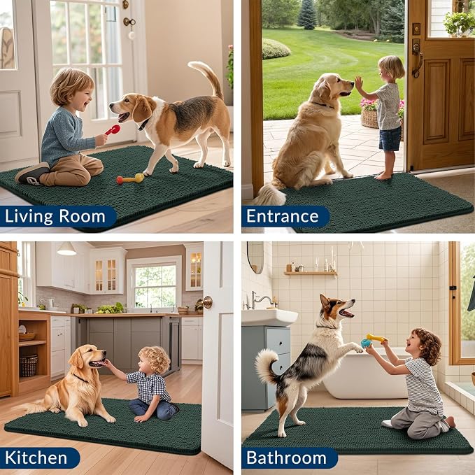 Smiry Dog Door Mat for Muddy Paws 40x32, Absorbent Dirt Trapper, Non-Slip Washable Chenille Entryway Rug for Inside Floor, Green, Classic Solid