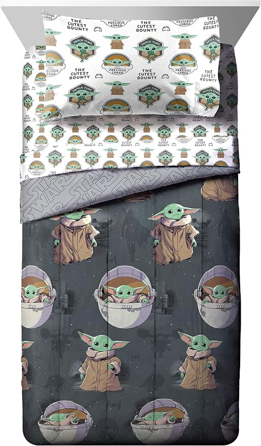 Star Wars Mandalorian Full Size Comforter Set 5 Piece Kids Bedding, Gray | Grogu Baby Yoda, Comforter Sheets Pillowcases, Official Product, Soft Microfiber, Machine Washable, Easy Care, Kids Gift