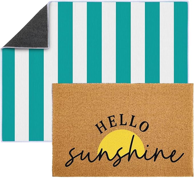 2 Pcs Layered Front Porch Decor, Hello Sunshine Welcome DoorMats Summer Coastal Entryway Rug Set, Light Blue White Striped Crystal Velvet Base and PVC Coil Door Mat, 15.7x23.6 & 23.6x31.5