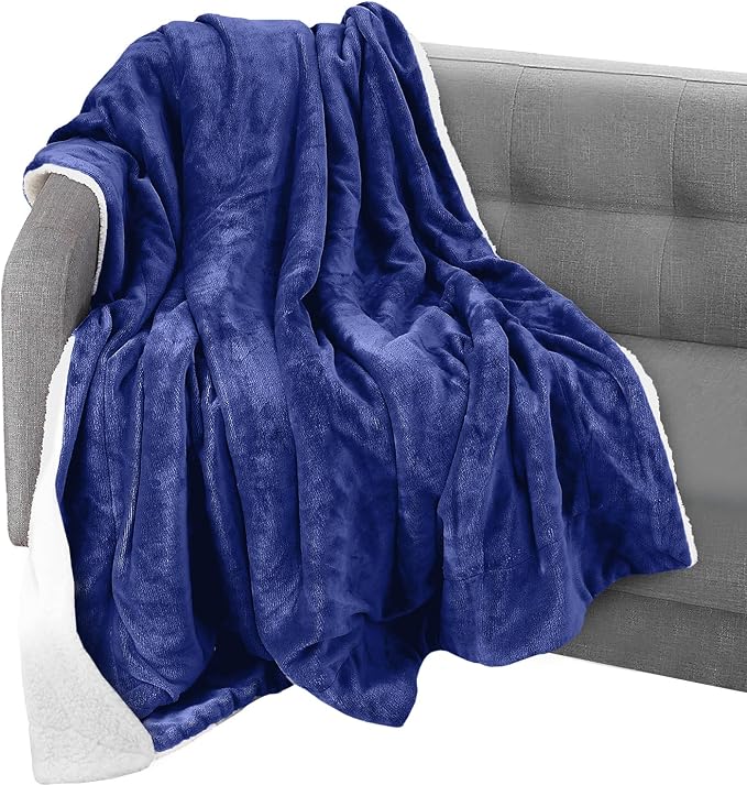 Elegant Comfort Throw Blanket, Reversible Sherpa Flannel, Ultra-Soft, Fuzzy, Cozy and Plush- All Season Lightweight Decorative Throw, 50 x 60 inches, Solid Sherpa Throw, Royal Blue