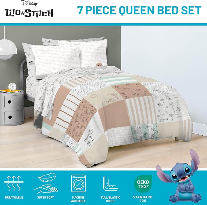 Disney Lilo and Stitch Queen Comforter Set 7 Piece Bedding for Girls, Multi | Bed in a Bag, Comforter Sheets Shams Pillowcases, Official Product, Soft Microfiber, Machine Washable, Girls Gift