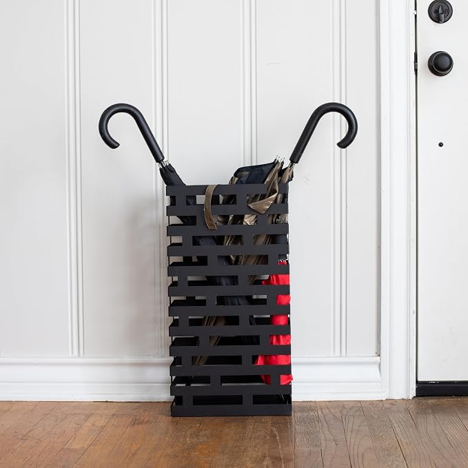 BIRDROCK HOME Decorative Umbrella Stand with Removable Water Tray - Large Freestanding Umbrella Rack and Cane Walking Stick Organizer - Metal Umbrella Holder for Entryway & Indoor Use - Black, Striped | Decorative Large Freestanding Rack and Cane Walki...