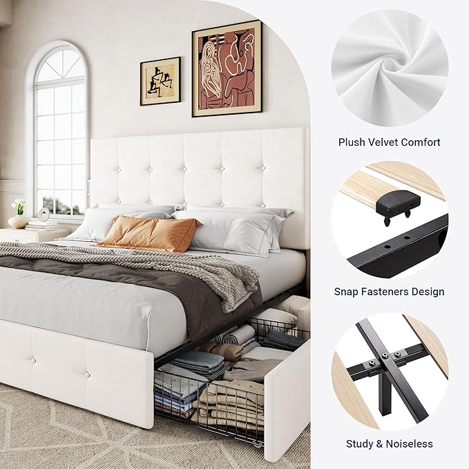 Allewie Upholstered Full Size Platform Bed Frame with 4 Storage Drawers and Adjustable Headboard, Square Button Tufted, Wooden Slats Support, Noise-Free, No Box Spring Needed, Easy Assembly, White