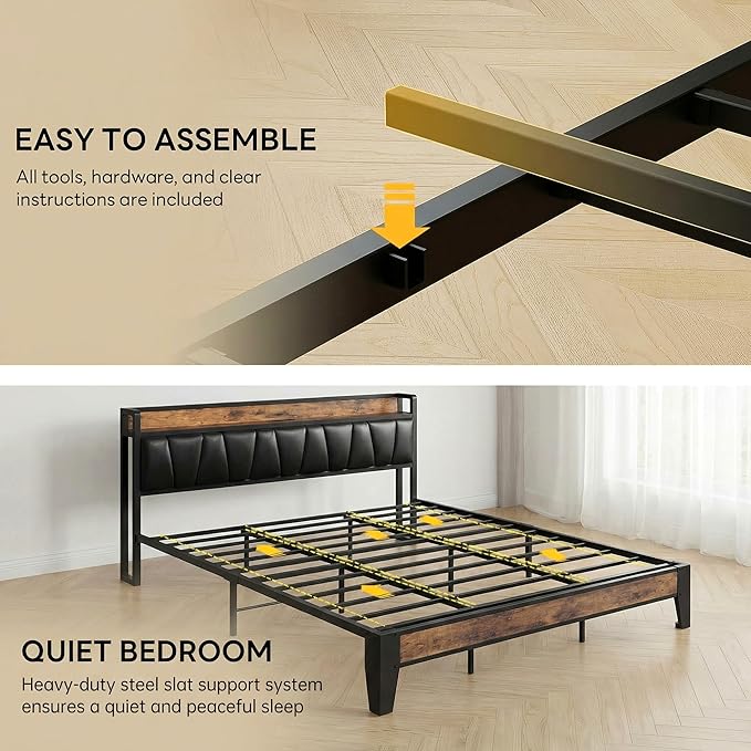 LIKIMIO California King Bed Frame, Storage Headboard with Charging Station, Solid and Stable, Noise Free, No Box Spring Needed, Easy Assembly (Vintage and Black)