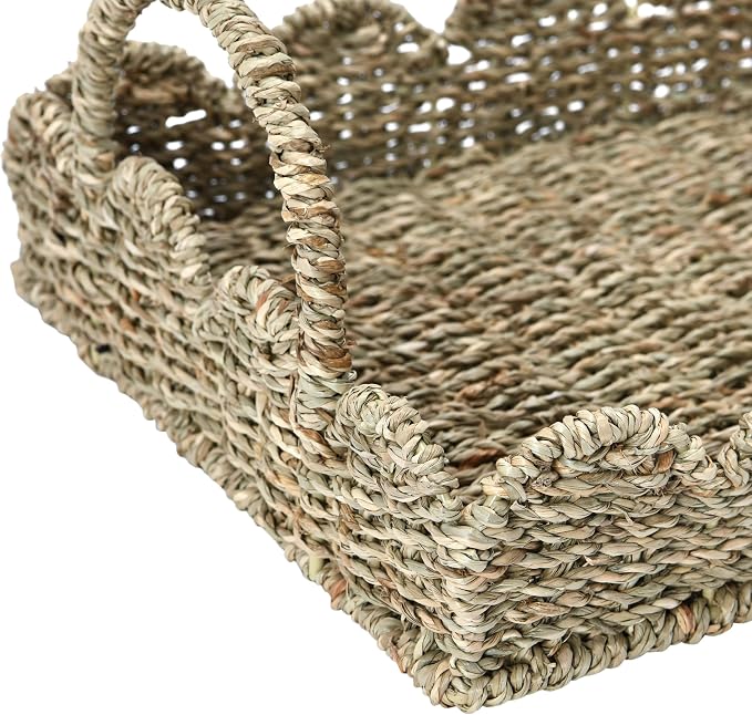 Household Essentials Seagrass Decorative Tray with Scalloped Edge, Handwoven Natural Wicker Organizer Basket with Handles & Iron Frame for Coffee Tables, Bathrooms & Countertops