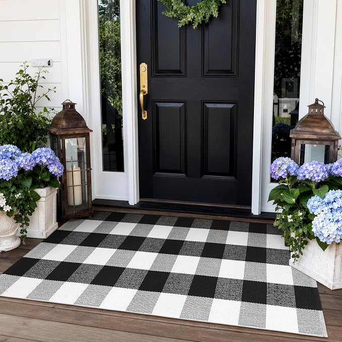KIMODE Buffalo Plaid Outdoor Rug Runner Doormat 24'' x 51", Black/White Cotton Woven Checkered Fall Farmhouse Porch Rugs, Washable Indoor Door Mat for Front Layered Kitchen Bathroom Laundry Room