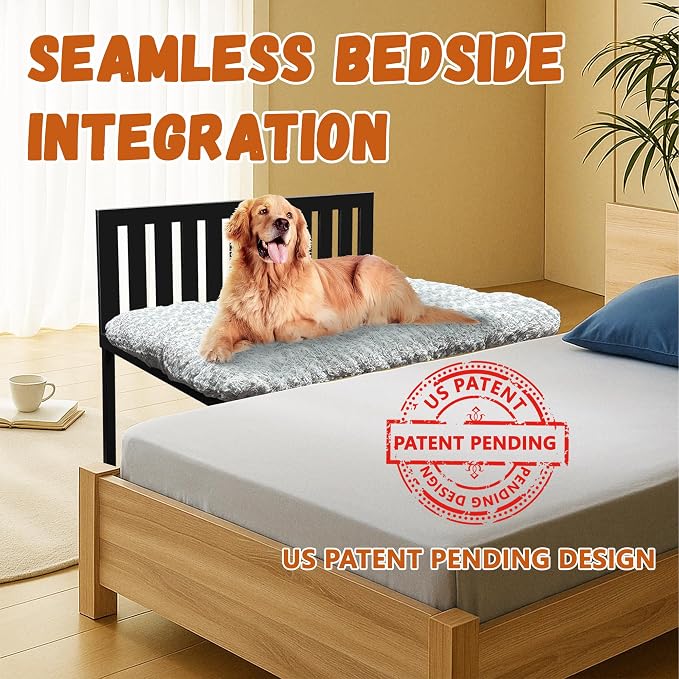 Beside Dog Bed,Adjustable Height Dog Bunk Beds,25.5‘’x18‘’Metal Dogs Bed Frame with Cushion (Large)