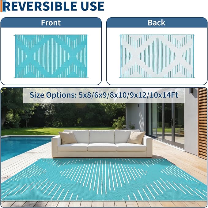 Garvee Waterproof Outdoor Rug 5x8 Rug Plastic Reversible Area Rugs Indoor Outdoor Carpet for Patio RV Porch Balcony Backyard Picnic Light Blue White
