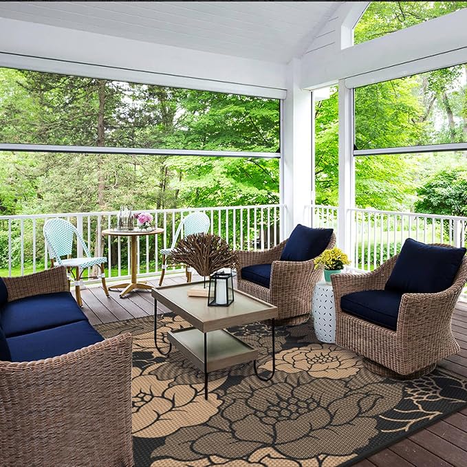 GENIMO Outdoor Rug, Waterproof Plastic Rugs for Patio, 5'x8' Raven Brown | Outside Larger Leaf Carpet Mat for Porch Decor, Deck, Balcony, Camping, RV, Backyard, Picnic, Beach, Reversible, Foldable