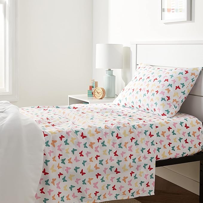 Amazon Basics Kid's Soft Easy-Wash Microfiber 3-Piece Sheet Set, Twin, Multi-Color Butterflies, Butterfly Friends, Printed