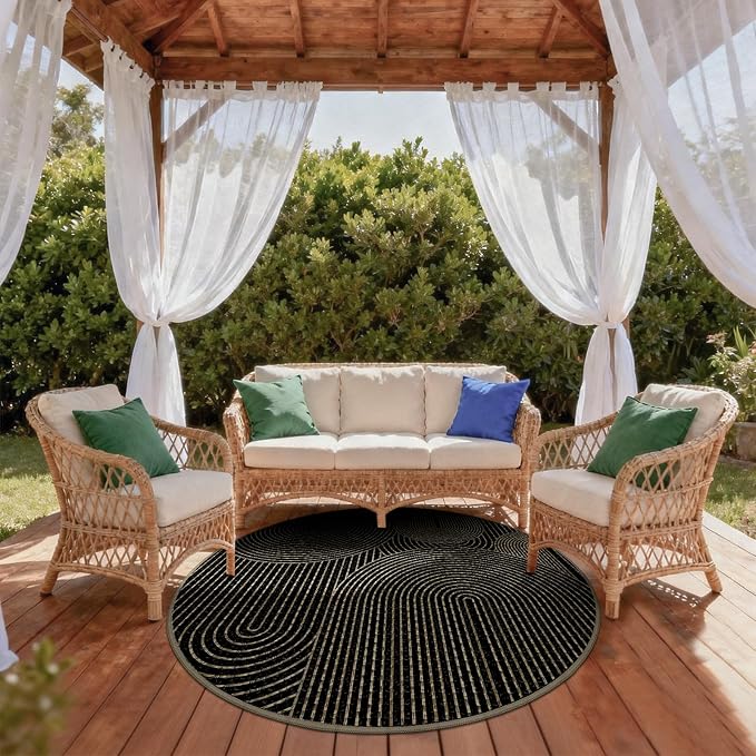 Faux Jute Outdoor Round Rug, 6ft Washable Indoor Outdoor Patio Rug, Black Non Slip Round Area Rug Farmhouse, Modern Carpet for Backyard Patio