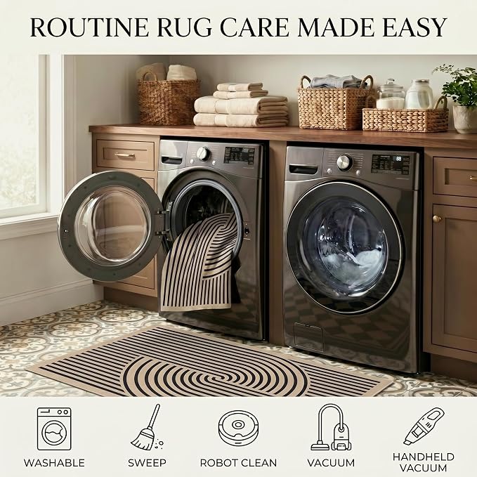 Brown Rug, 3x5, Modern Design, Black Stripes, Contemporary Abstract Farmhouse Style, Non-Slip TPE Backing, Low Pile, Washable Rug, Easy to Clean, Suitable for Living Room, Bedroom and Porch.