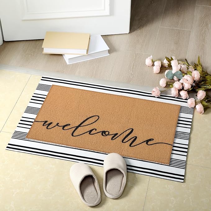 Tinideya 2 Pcs Door Mat Welcome Non Slip Coir Mats Floor Layering Doormats Seasonal for Front Porch Entryway Decor(Welcome)