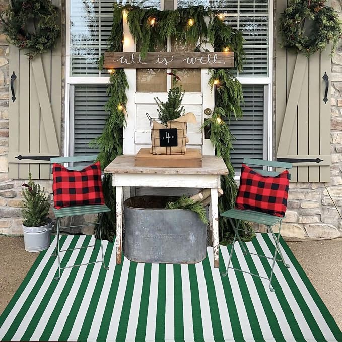 Green & White Striped Rug, 4' x 6' Indoor/Outdoor Area Rug for Front Porch, Entryway, Machine Washable Cotton Woven Welcome Door Mat