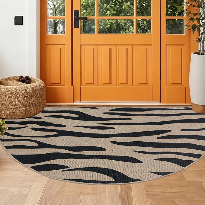 Easy Jute Rug 2.6x5Ft Half Round Zebra Stripe Carpet for Farmhouse Bedroom Entrance, Nonslip Half Circle Thin Neutral Floor Mat for Living Room Patio Kids Room Kitchen, Indoor Outdoor, Black 5