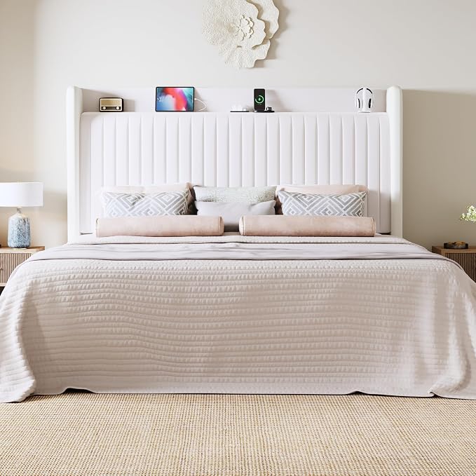 Allewie Queen Size Platform Bed Frame with USB Charging Station and Storage Shelf/Upholstered Velvet Wingback Headboard/Wooden Slats Support/No Box Spring Needed/Easy Assembly, White