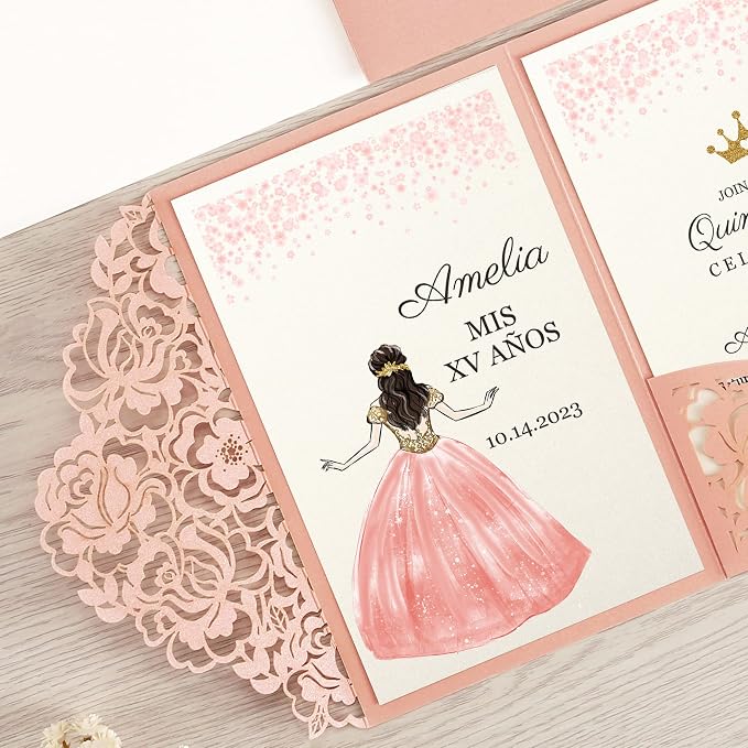 DORIS HOME 50Pcs Personalized Laser Cut Quinceanera Invitations, Pink | 4.7"x7.1", Customized Quince Invitations, For 15th Birthday, Sweet 16, With Envelopes