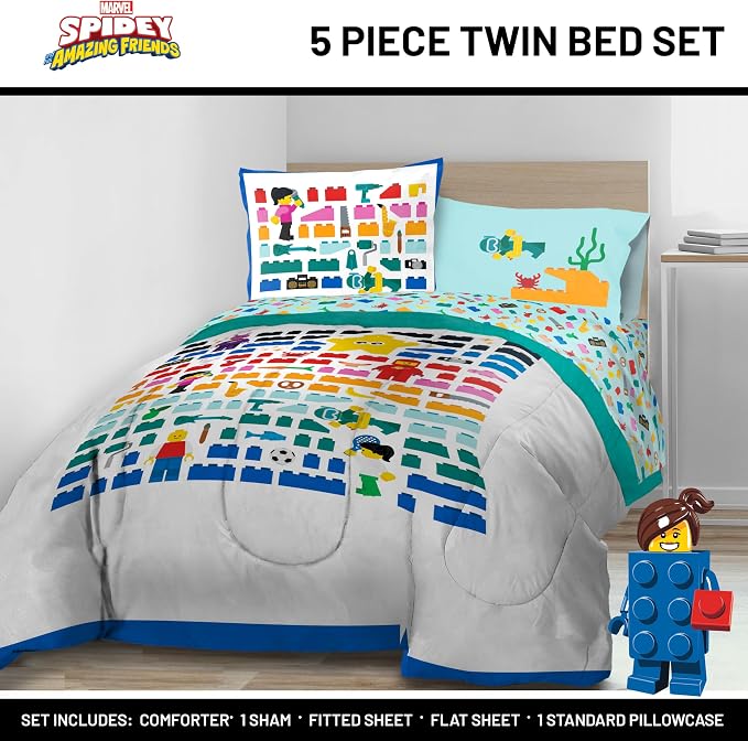LEGO® Blocks Twin Comforter Set 5 Piece Soft Kids Bedding, White | Bed in a Bag, Comforter Sheets Sham Pillowcase, Official Product, Soft Microfiber, Machine Washable, Easy Care, Kids Gift