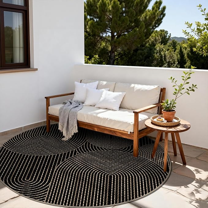 Faux Jute Outdoor Round Rug, 6ft Washable Indoor Outdoor Patio Rug, Black Non Slip Round Area Rug Farmhouse, Modern Carpet for Backyard Patio